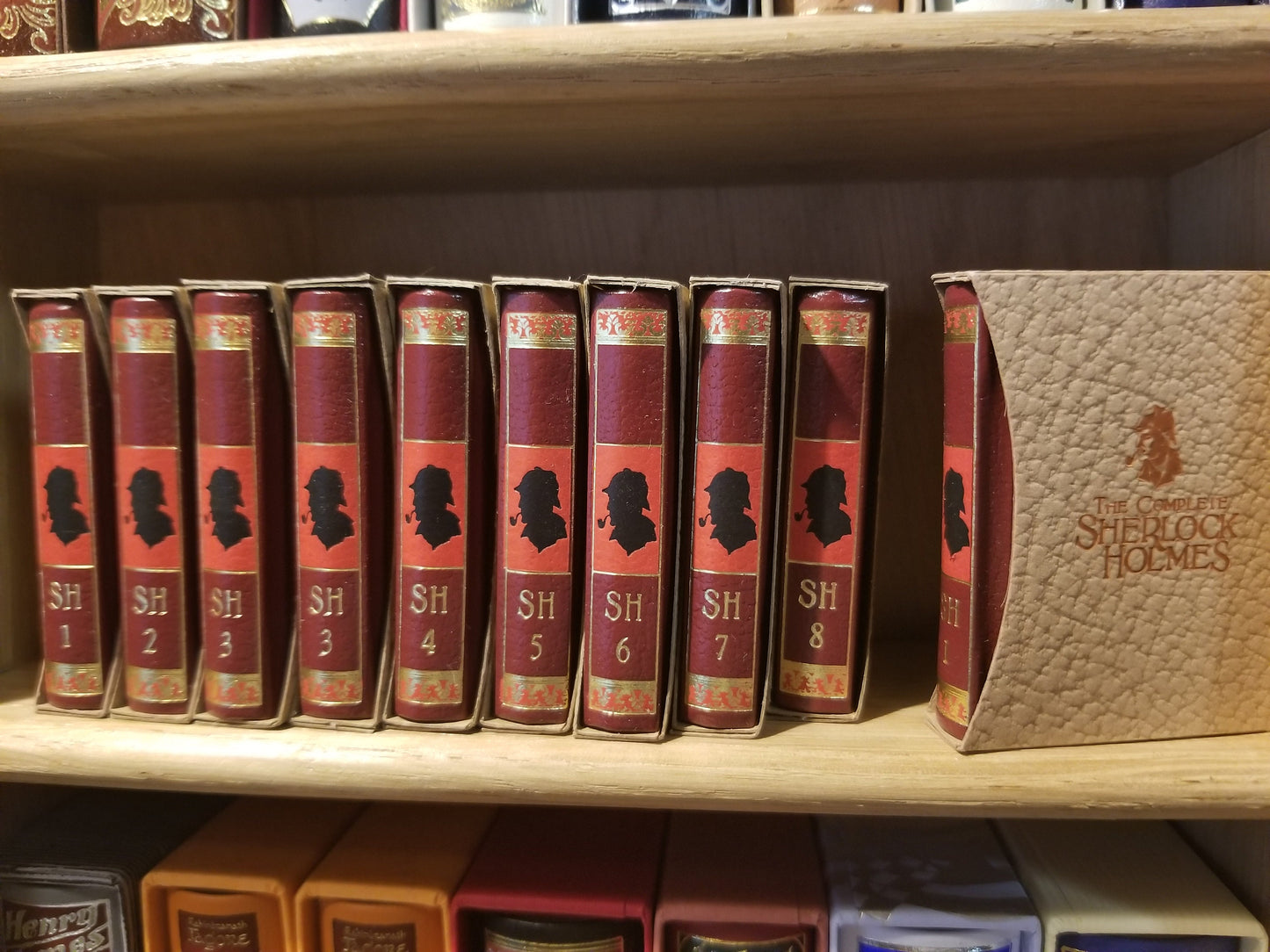 The Complete Sherlock Holmes by Sir Arthur Conan Doyle Miniature Book Set With Custom Wooden Bookshelf 60 Volumes