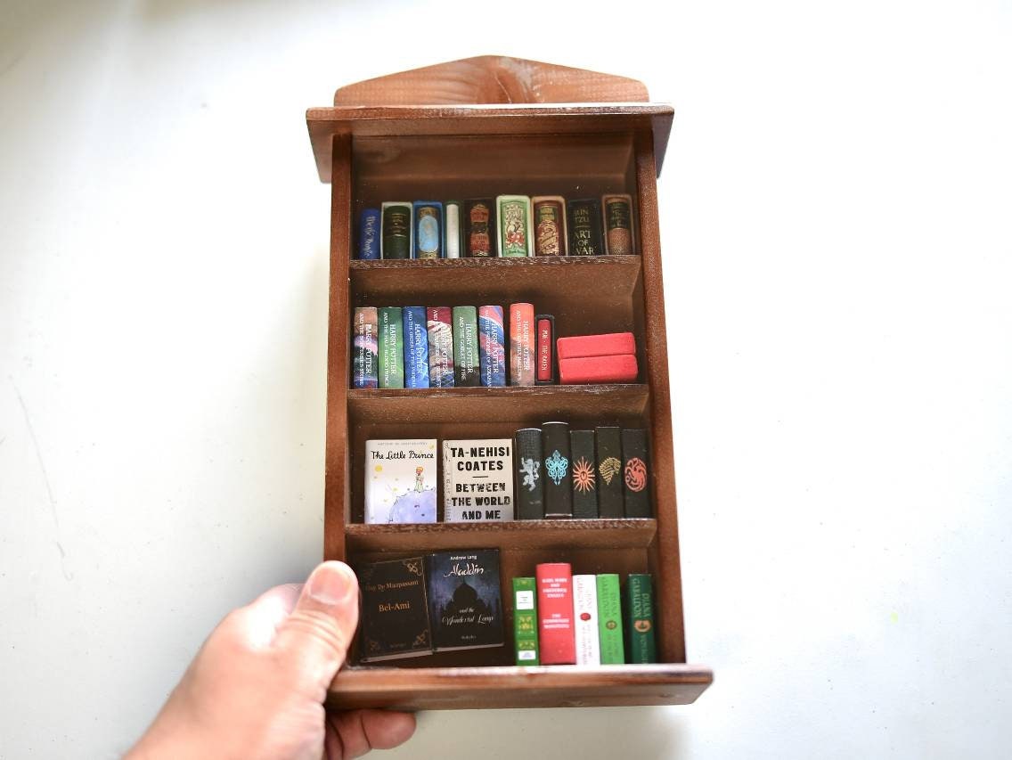 Dollhouse Micro Miniature Wooden Bookcase with Sliding Acrylic Glass Panel (Fits 1:6 Scale Books and Smaller)