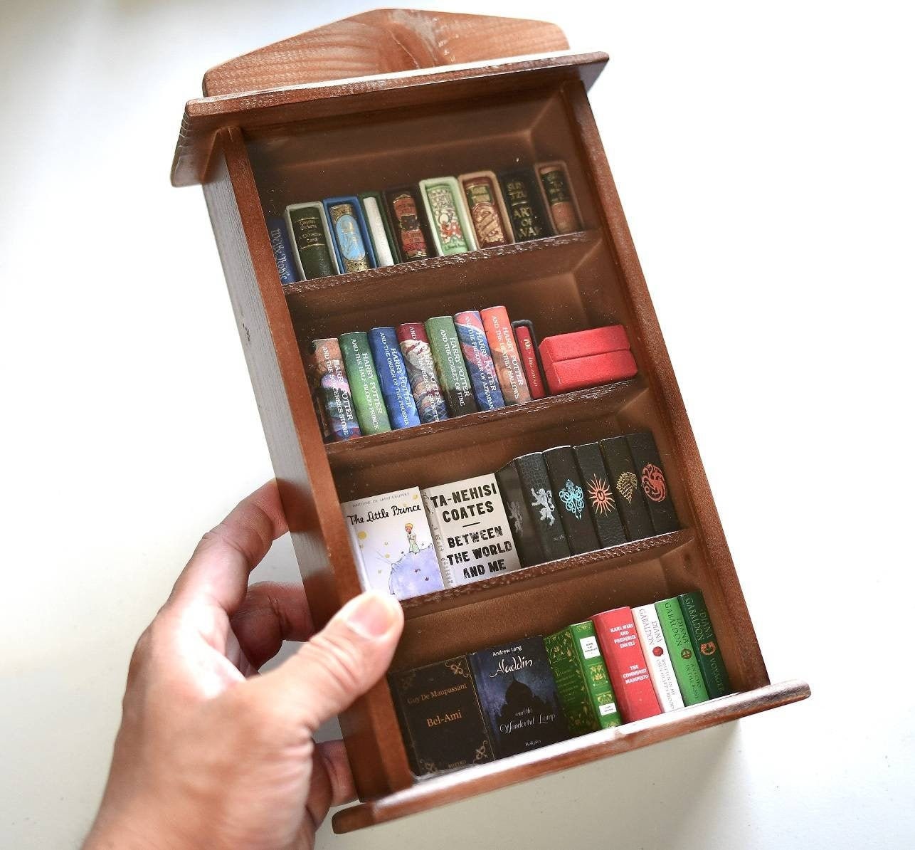 Dollhouse Micro Miniature Wooden Bookcase with Sliding Acrylic Glass Panel (Fits 1:6 Scale Books and Smaller)