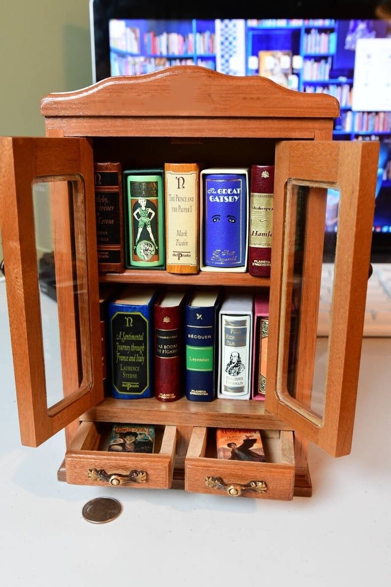 Miniature Wooden Bookcase Cabinet (Fits 12 Minibooks)